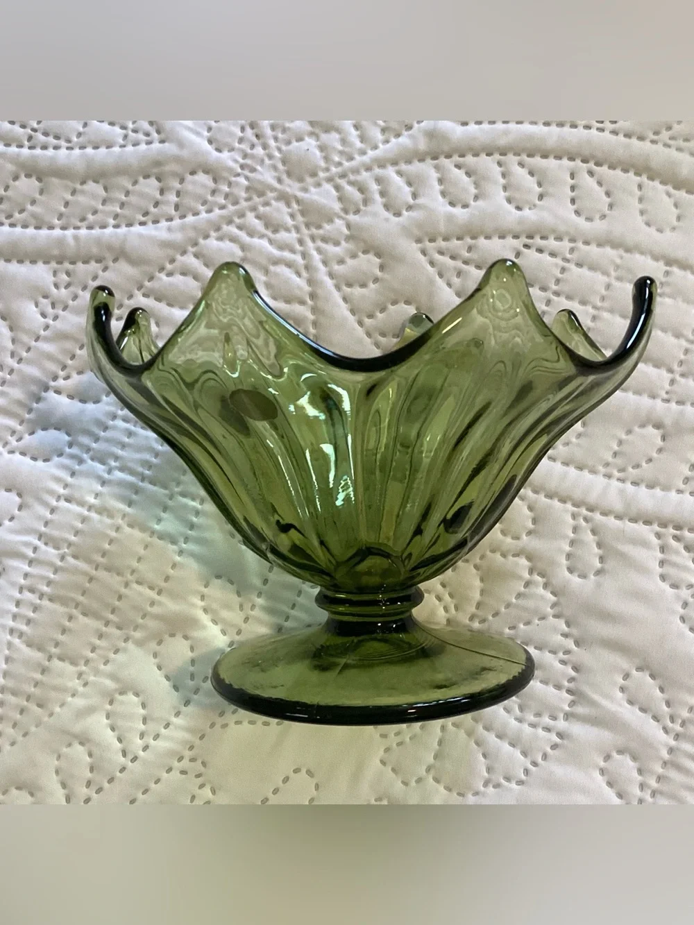Vintage Westmoreland Olive Green Lotus Candy Dish Frosted Glass Pedestal Bowl